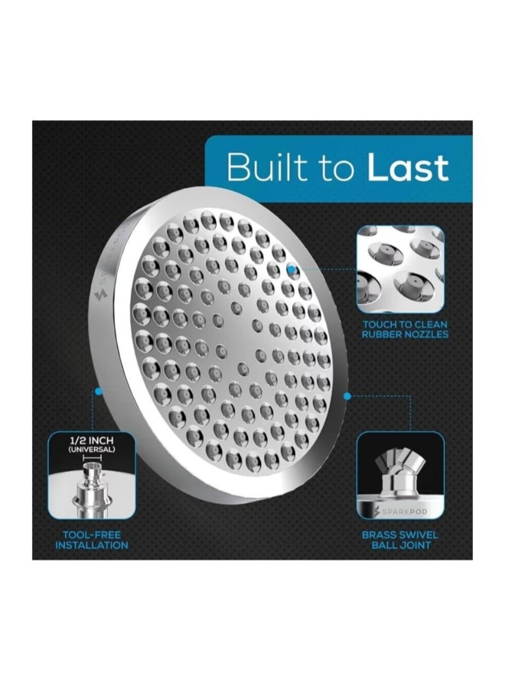 SparkPod High-Pressure Rainfall Shower Head Polished Chrome Finish 6-Inch Round